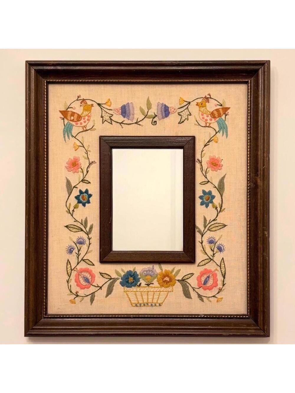 Vintage Handmade Embroidered Mirror Wall Hanging | Folk Art Crewel Embroidery